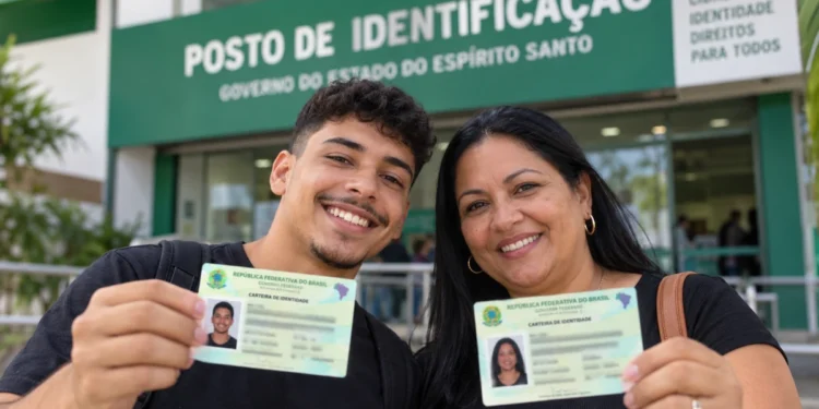 Jovem e mulher exibem documentos de identidade em frente a posto de identificação no Espírito Santo