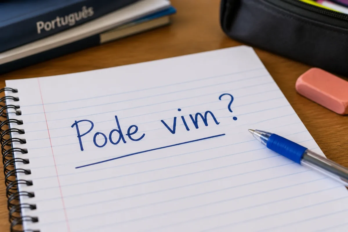 Caderno com a expressão “pode vim” escrita à mão, representando a dúvida sobre o uso incorreto da forma verbal na língua portuguesa.