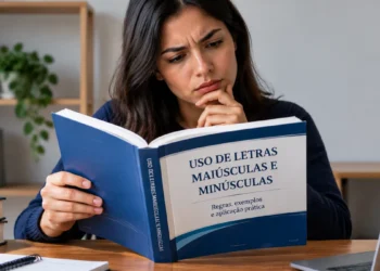 Pessoa estudando português e lendo um livro sobre o uso de letras maiúsculas e minúsculas, representando a dúvida sobre a regra de escrita de “Estado”.