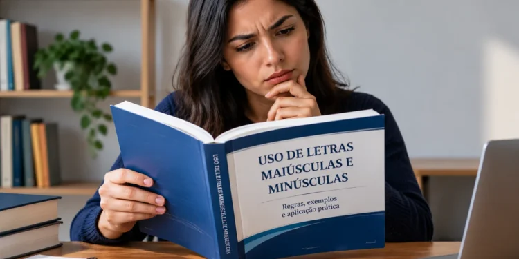 Pessoa estudando português e lendo um livro sobre o uso de letras maiúsculas e minúsculas, representando a dúvida sobre a regra de escrita de “Estado”.