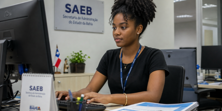 Jovem universitária trabalha em computador durante estágio em órgão público da Bahia.