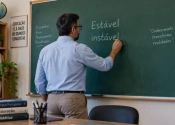 Professor escreve “Estável” e “instável” no quadro durante uma aula de língua portuguesa.