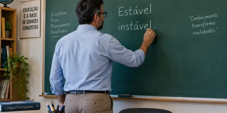 Professor escreve “Estável” e “instável” no quadro durante uma aula de língua portuguesa.
