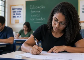 Mulher realiza prova em sala de aula representando a estrutura da Prova Nacional Docente 2026.