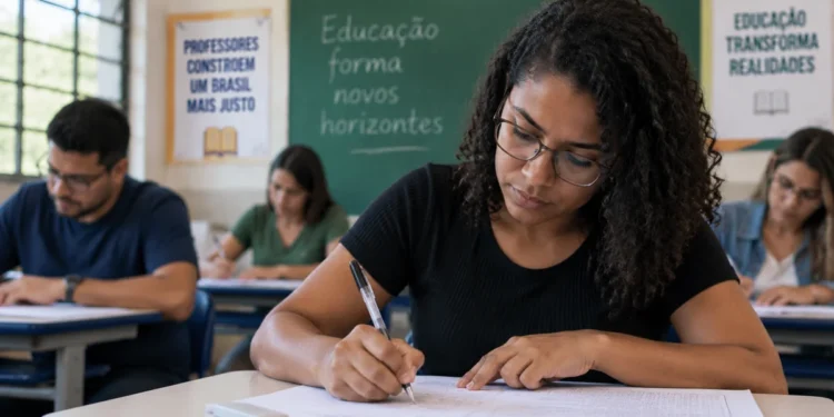 Mulher realiza prova em sala de aula representando a estrutura da Prova Nacional Docente 2026.