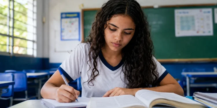 Estudante se preparando em sala de aula, representando as dicas de linguagens, códigos e redação para o Enem 2026.