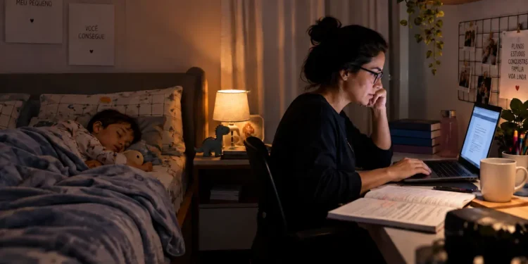 Mãe concurseira estudando no computador enquanto o filho dorme, representando a conciliação entre estudos e maternidade.