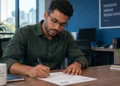 Homem preenchendo currículo em escritório, representando como preencher e destacar a experiência profissional.