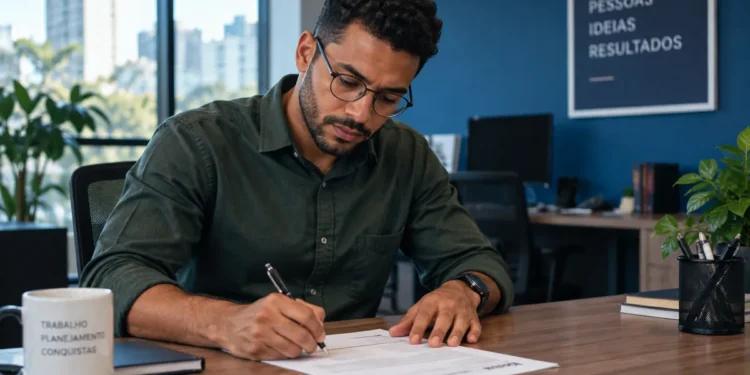 Homem preenchendo currículo em escritório, representando como preencher e destacar a experiência profissional.