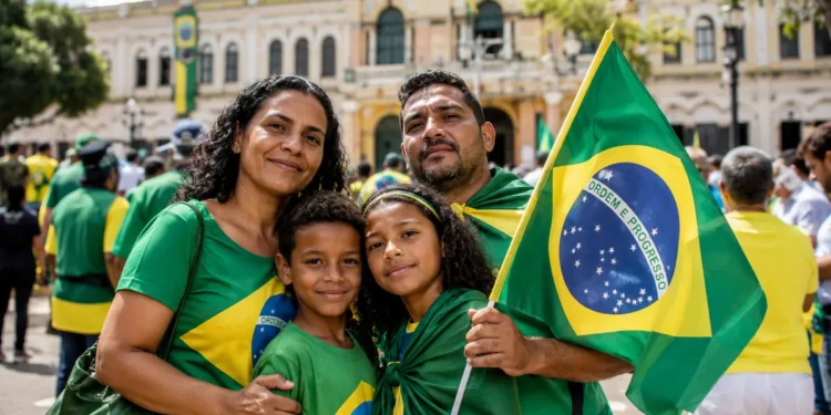 Família brasileira com bandeira nacional em espaço público, representando o feriado da Independência do Brasil.