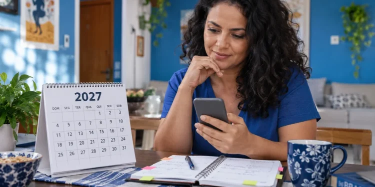 Mulher consulta calendário de 2027, representando o planejamento de feriados e organização de folgas ao longo do ano.