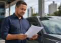Motorista analisa documentos de financiamento ao lado de um veículo.