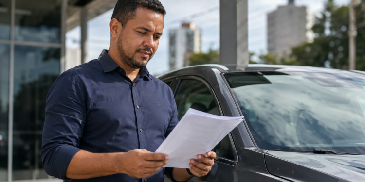Motorista analisa documentos de financiamento ao lado de um veículo.