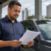 Motorista analisa documentos de financiamento ao lado de um veículo.