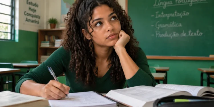 Estudante revisa conteúdos de língua portuguesa em sala de aula, representando dúvidas sobre o plural correto de algumas palavras.