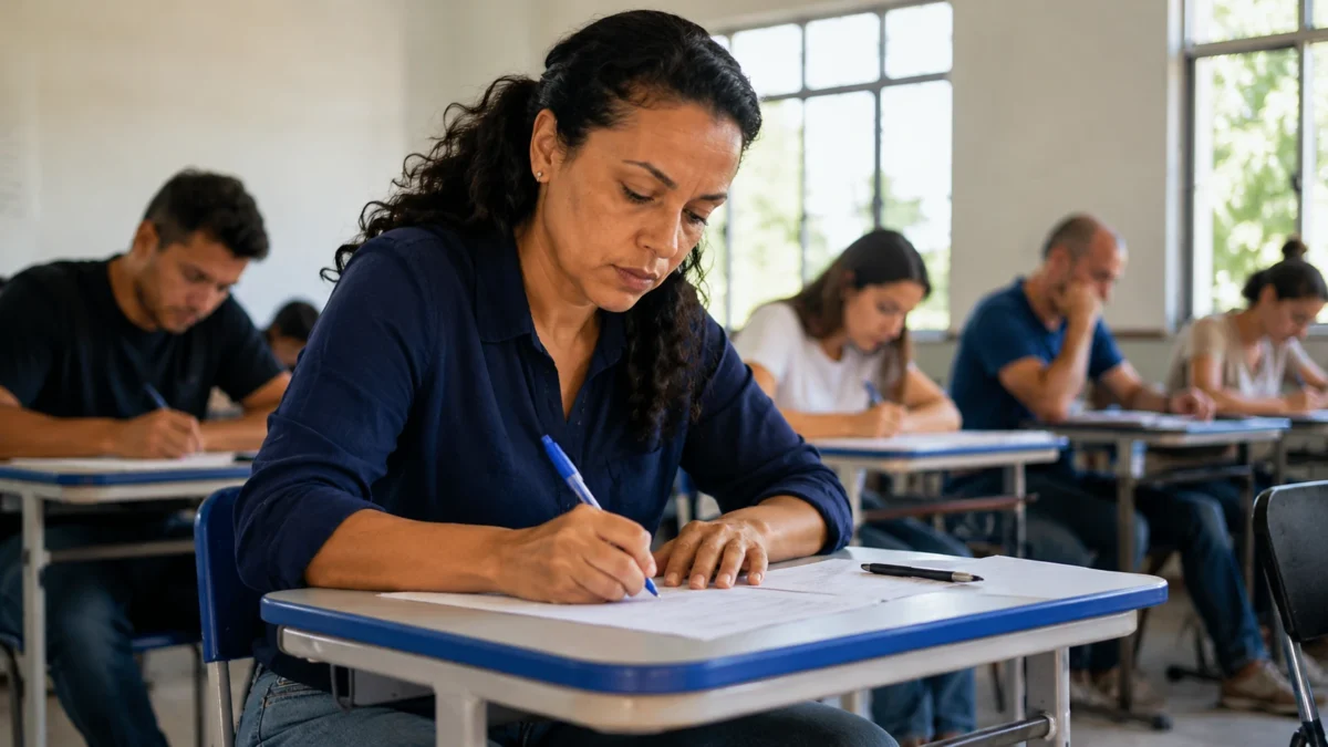 Candidata realiza a Prova Nacional Docente em sala de aplicação com outros participantes ao fundo.