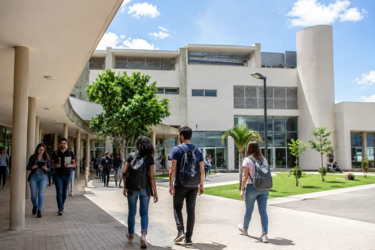 Campus universitário com estudantes circulando em instituição comunitária de ensino superior