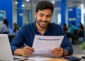 Jovem analisa documento do Fies Empreendedor em ambiente de trabalho com notebook e materiais sobre a mesa.