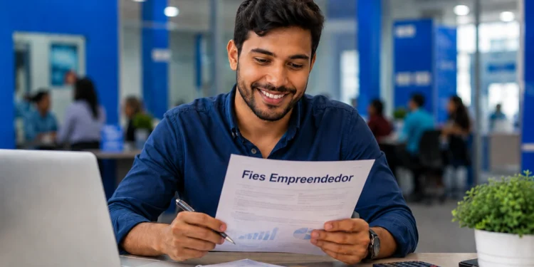 Jovem analisa documento do Fies Empreendedor em ambiente de trabalho com notebook e materiais sobre a mesa.