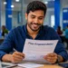 Jovem analisa documento do Fies Empreendedor em ambiente de trabalho com notebook e materiais sobre a mesa.