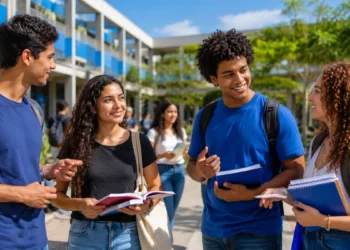 Estudantes conversam em campus universitário representando o modelo de universidades comunitárias reconhecido pelo MEC.