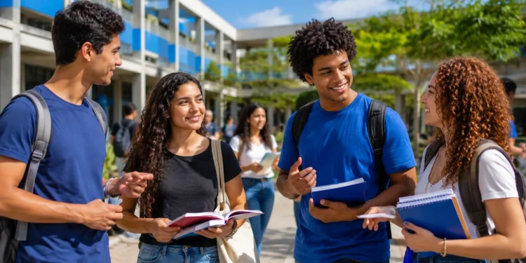 Estudantes conversam em campus universitário representando o modelo de universidades comunitárias reconhecido pelo MEC.