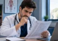 Médico analisa documento de prova ao lado de notebook, representando a conferência dos gabaritos preliminares e dos cadernos de prova do Enamed e do Revalida.