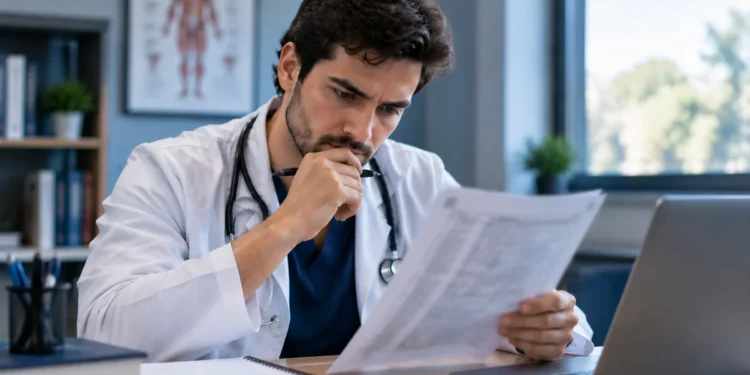 Médico analisa documento de prova ao lado de notebook, representando a conferência dos gabaritos preliminares e dos cadernos de prova do Enamed e do Revalida.