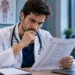 Médico analisa documento de prova ao lado de notebook, representando a conferência dos gabaritos preliminares e dos cadernos de prova do Enamed e do Revalida.