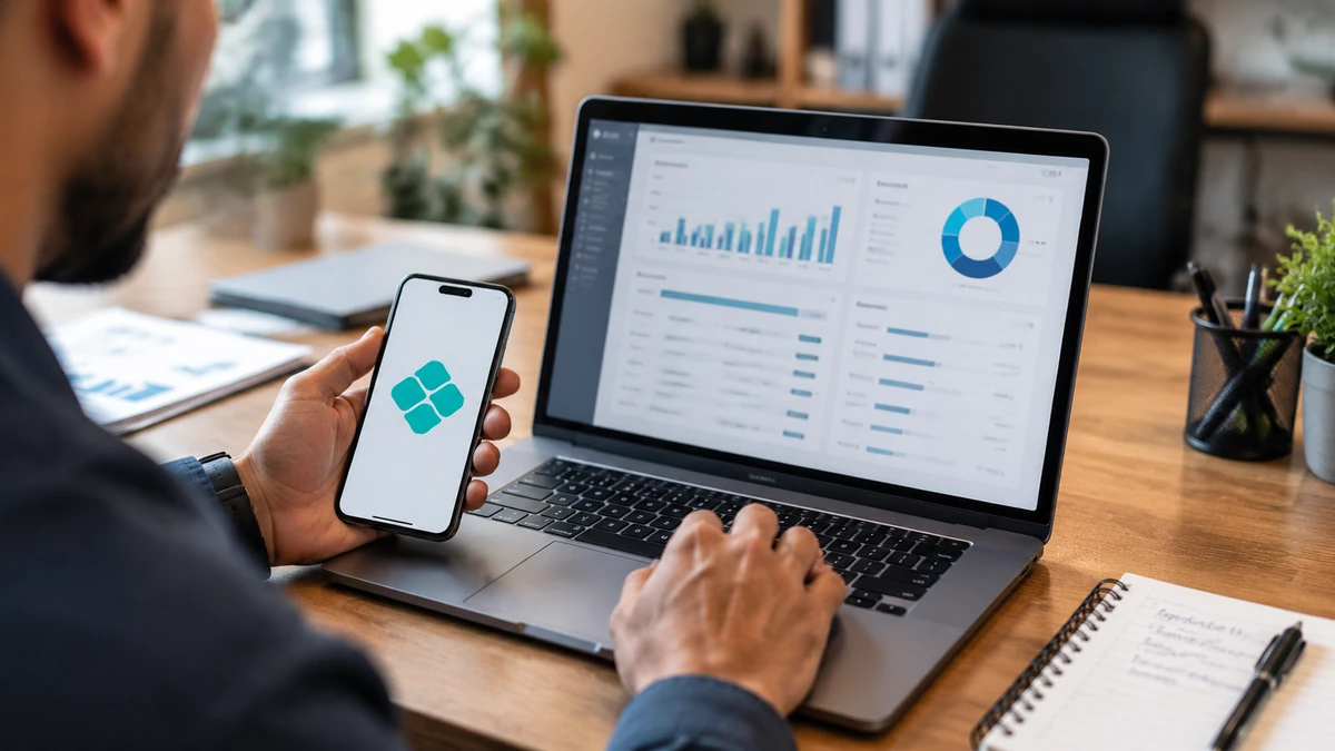 Empreendedor acompanha gestão financeira em notebook e celular representando a integração da API Pix nas cobranças recorrentes.