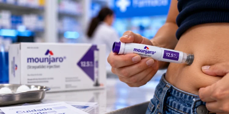 Pessoa aplica caneta de Mounjaro no abdômen, com embalagem ao fundo, destacando a grafia correta do medicamento