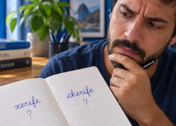 Homem observa as palavras “xerife” e “cherife” escritas em um caderno enquanto demonstra dúvida sobre a grafia correta.
