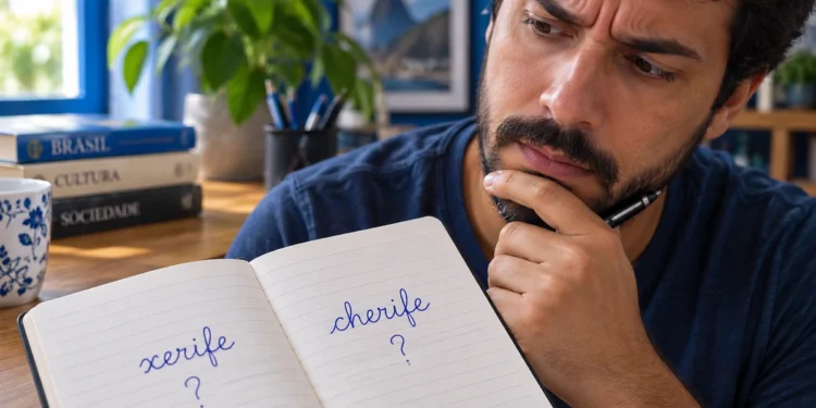 Homem observa as palavras “xerife” e “cherife” escritas em um caderno enquanto demonstra dúvida sobre a grafia correta.