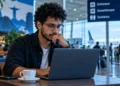 Homem utiliza notebook em aeroporto enquanto acessa uma rede Wi-Fi pública.