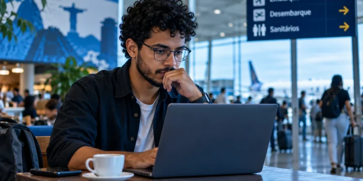 Homem utiliza notebook em aeroporto enquanto acessa uma rede Wi-Fi pública.
