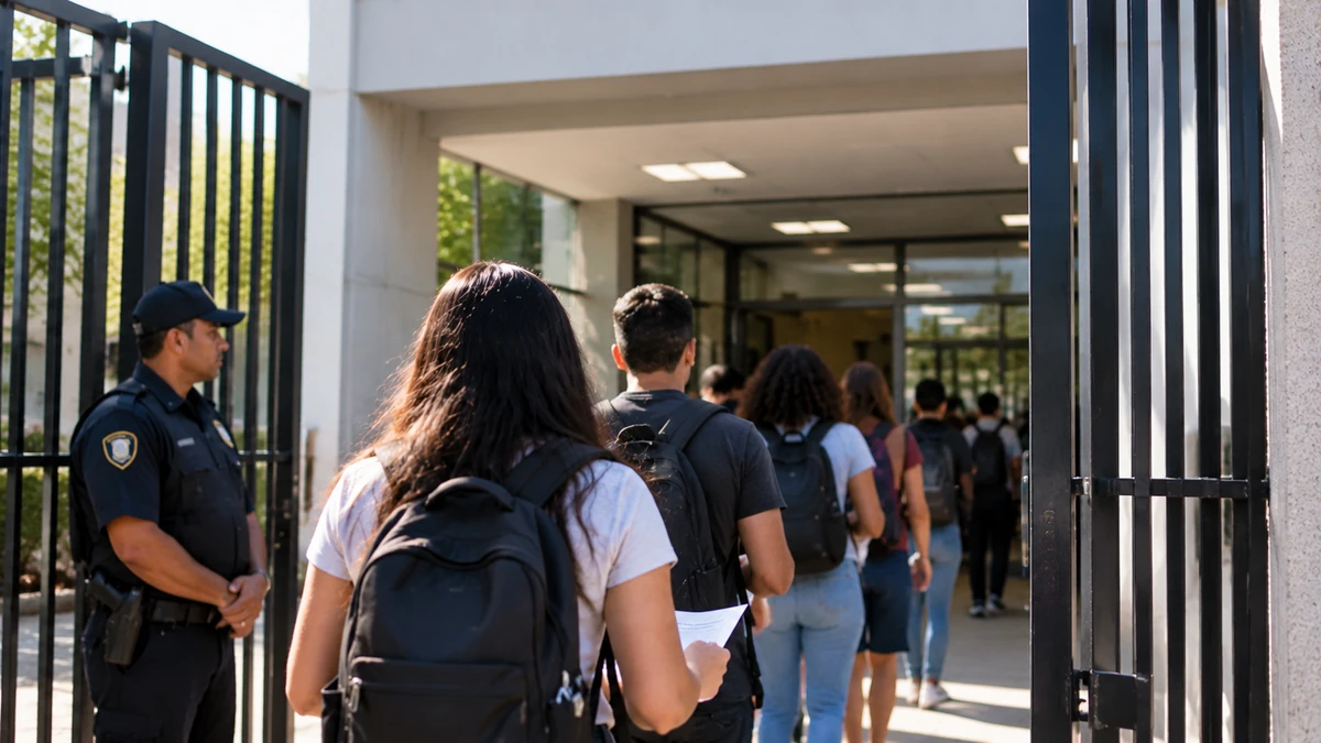 Candidatos entrando em instituição de ensino, representando a abertura e o fechamento dos portões no local de prova da Prova Nacional Docente 2026.