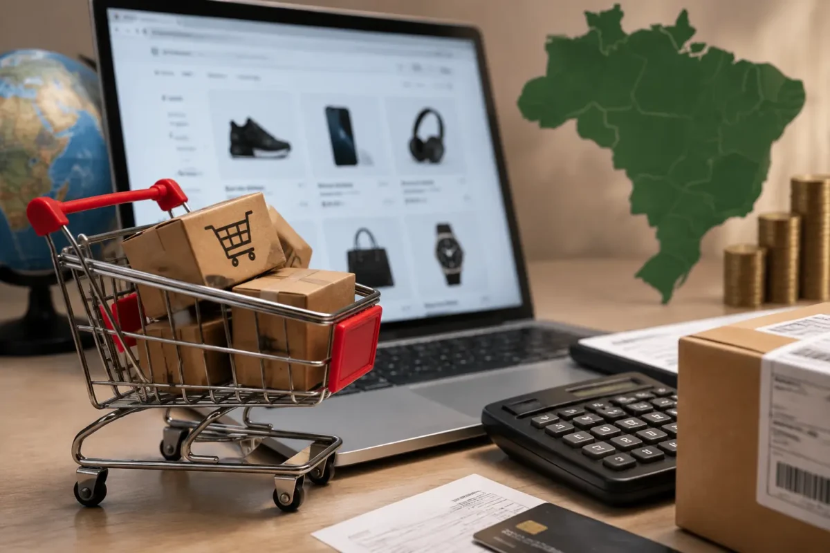 Compra internacional pela internet com produtos importados, calculadora e mapa do Brasil representando a cobrança do ICMS nas remessas do exterior.