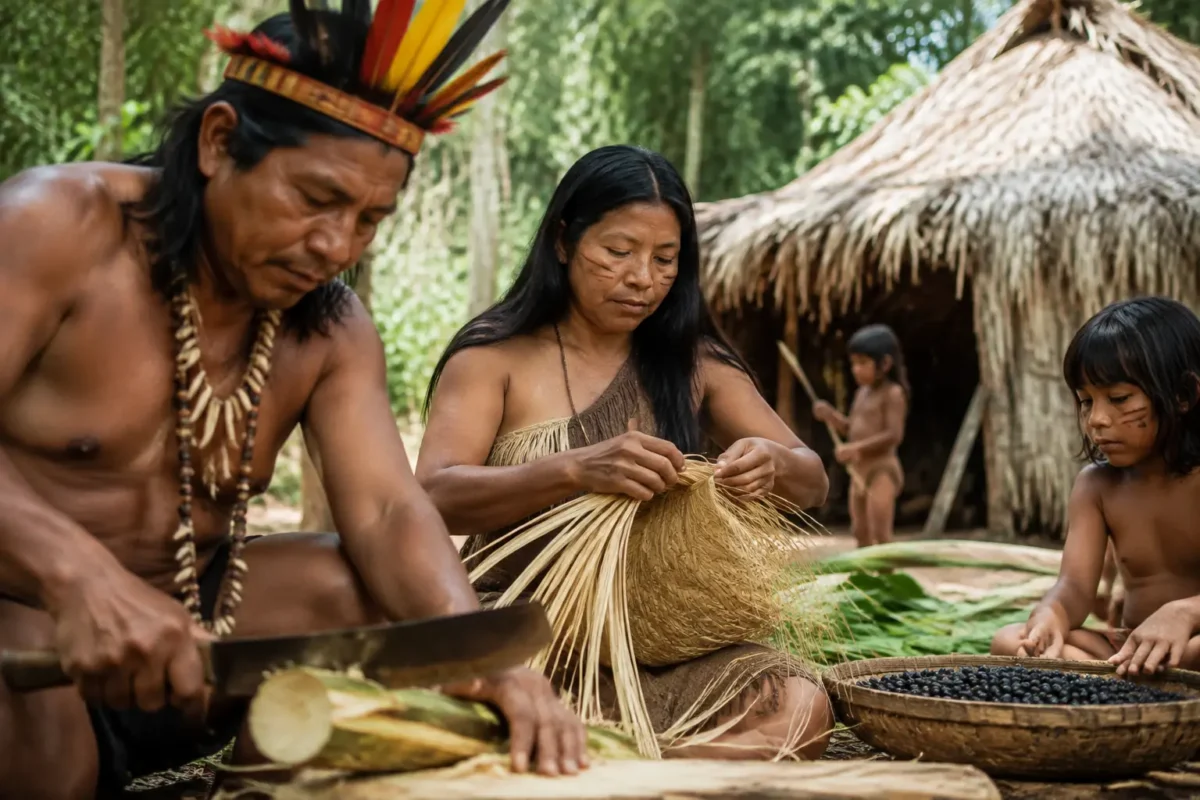 Indígenas realizando atividades tradicionais em comunidade rural, representando o enquadramento como segurados especiais do INSS.
