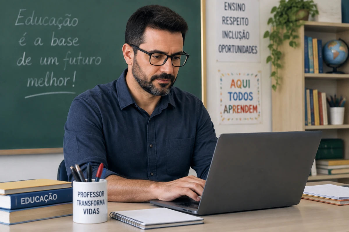 Professor utilizando notebook para acessar informações sobre editais de pós-graduação do MEC e da Capes.