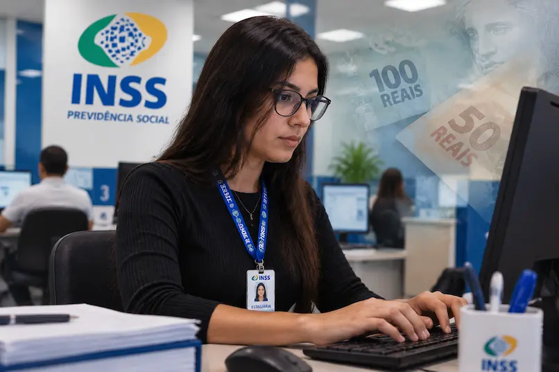 Estudante realizando estágio no INSS em atendimento administrativo com computador.