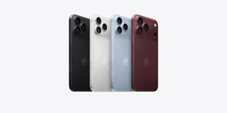 iPhone 18 Pro Max nas cores Bordô, Glacial, Prateado e Preto da nova linha premium da Apple.