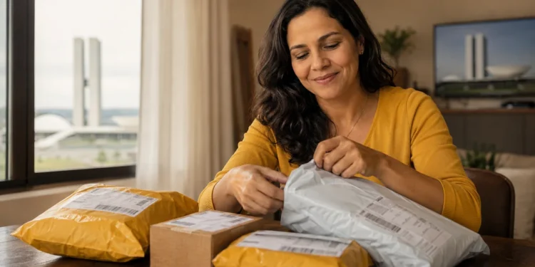 Mulher recebe encomendas de compras internacionais, representando a sanção da lei que isenta remessas de até US$ 50 do Imposto de Importação.