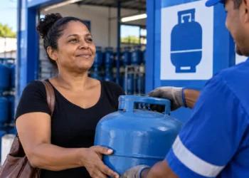 Mulher recebe botijão de gás em revenda participante do programa Gás do Povo