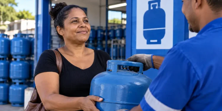 Mulher recebe botijão de gás em revenda participante do programa Gás do Povo