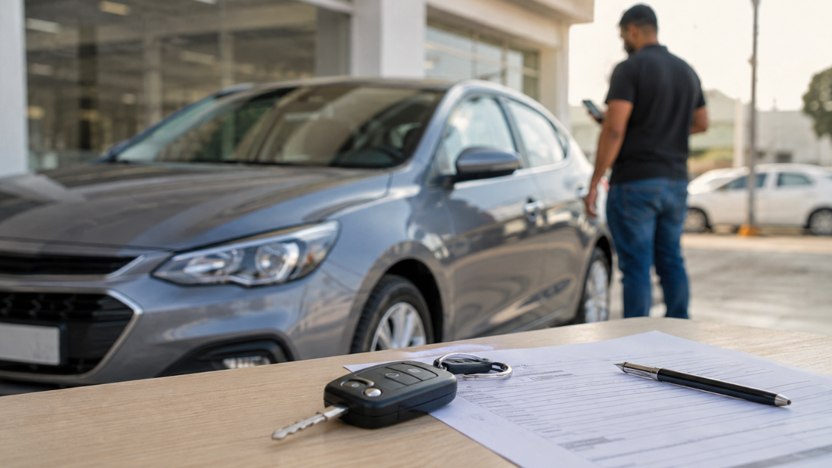 Chave de carro e documentos de financiamento sobre a mesa, com veículo e motorista ao fundo.