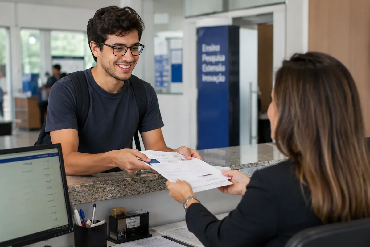 Estudante entrega documentos em atendimento de instituição de ensino superior.