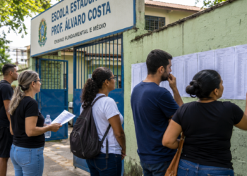 Candidatos consultam listas em frente a uma escola antes da prova do concurso Sedes DF.