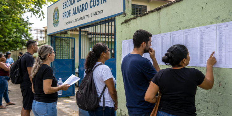Candidatos consultam listas em frente a uma escola antes da prova do concurso Sedes DF.