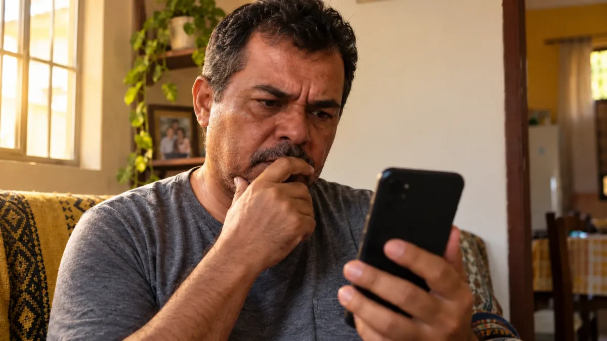 Homem analisa mensagem suspeita no celular relacionada a uma possível notificação falsa atribuída ao Inmetro.