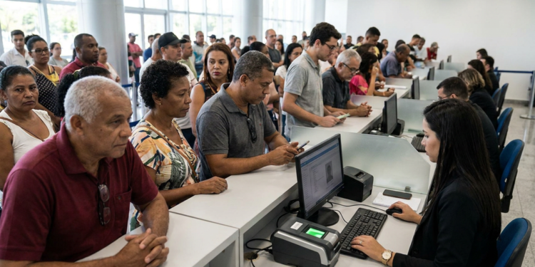 Imagem ilustrativa: moradores aguardam em balcão de atendimento com leitor biométrico, sobre a nova carteira de identidade